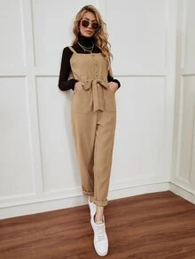 Button And Pocket Front Belted Pinafore Jumpsuit - Khaki - View 3