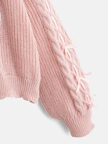 ROMWE Kawaii Bear Pattern Lace Up Cable Knit Sweater - Baby Pink - View 4