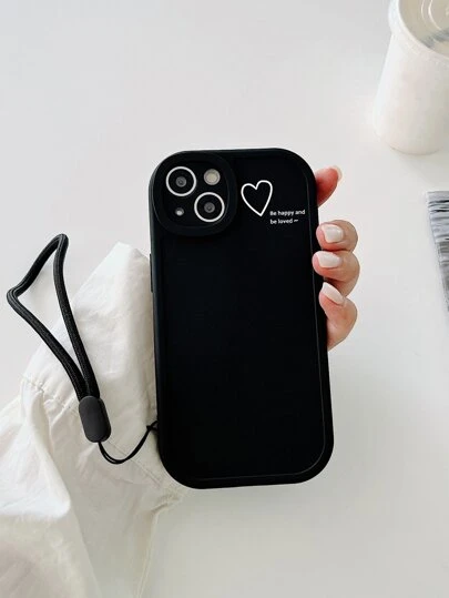 Heart Print Phone Case, Black Phone Case, Lanyard Phone Case, Silicone Phone Case, Compatible With IPhone & Galaxy Cases, Phone Cases, Case For 17 Pro Max, Covers, Cute Phone Case, Cover For Galaxy, Cover For 13/14/15/16/16 Plus/16 Pro Max & Galaxy Series