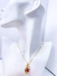 Rhinestone & Butterfly Decor Oval Charm Necklace - Yellow Gold - View 4