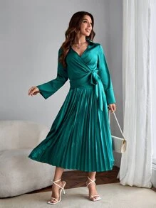 SHEIN Clasi 素色圍裹側打結襯衫和百褶半身裙 - 綠色 - 查看 1