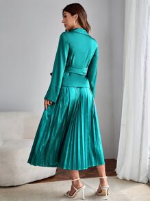 SHEIN Clasi 素色圍裹側打結襯衫和百褶半身裙 - 綠色 - 查看 2