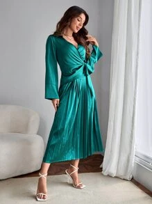 SHEIN Clasi 素色圍裹側打結襯衫和百褶半身裙 - 綠色 - 查看 3