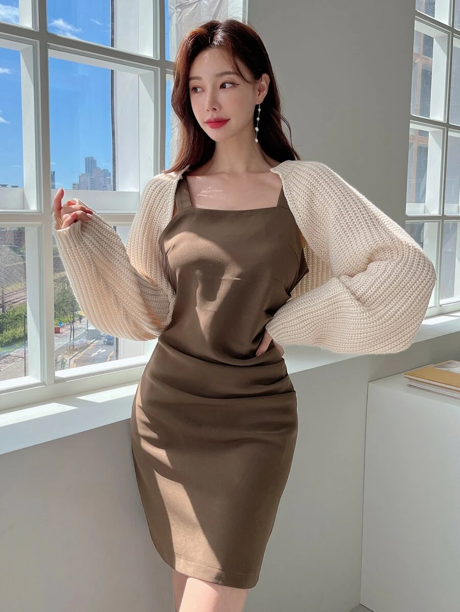 DAZY Solid Ruched Cami Dress Without Cardigan - Mocha Brown - View 1