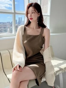 DAZY Solid Ruched Cami Dress Without Cardigan - Mocha Brown - View 3