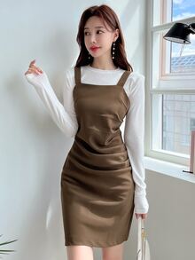 DAZY Solid Ruched Cami Dress Without Cardigan - Mocha Brown - View 4