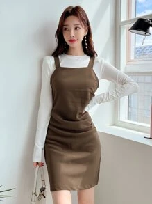 DAZY Solid Ruched Cami Dress Without Cardigan - Mocha Brown - View 5