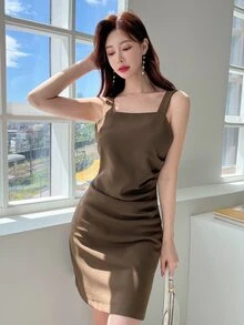 DAZY Solid Ruched Cami Dress Without Cardigan - Mocha Brown - View 6