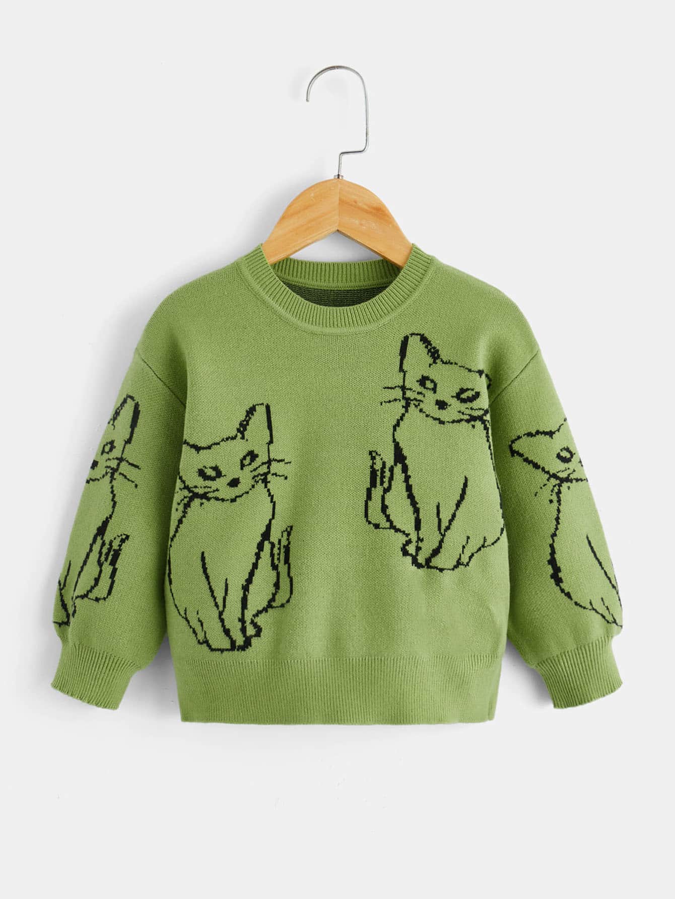 Toddler Girls Cat Pattern Drop Shoulder Jumper - Green - View 1