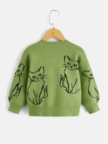 Toddler Girls Cat Pattern Drop Shoulder Jumper - Green - View 2