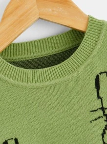 Toddler Girls Cat Pattern Drop Shoulder Jumper - Green - View 3