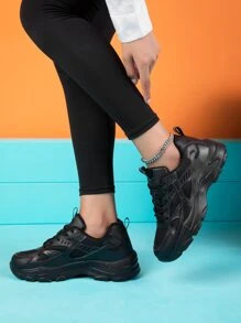 Patch Decor Lace-up Front Chunky Sneakers - Black - View 1