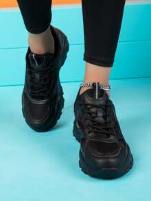 Patch Decor Lace-up Front Chunky Sneakers - Black - View 2