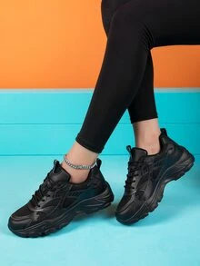Patch Decor Lace-up Front Chunky Sneakers - Black - View 3