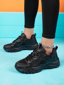 Patch Decor Lace-up Front Chunky Sneakers - Black - View 5