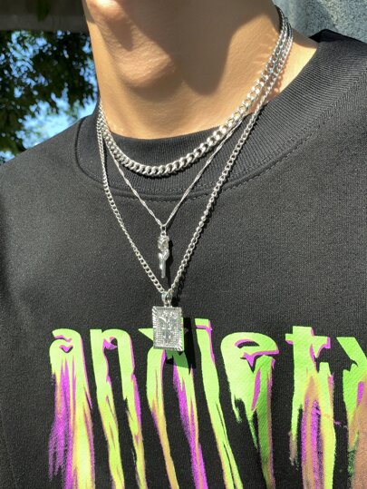 Fashionable And Popular 3pcs Men Flower & Rectangle Charm Necklace For Jewelry Gift And For A Stylish Look Valentines,Mom,Mother,Mother's Day,Gift