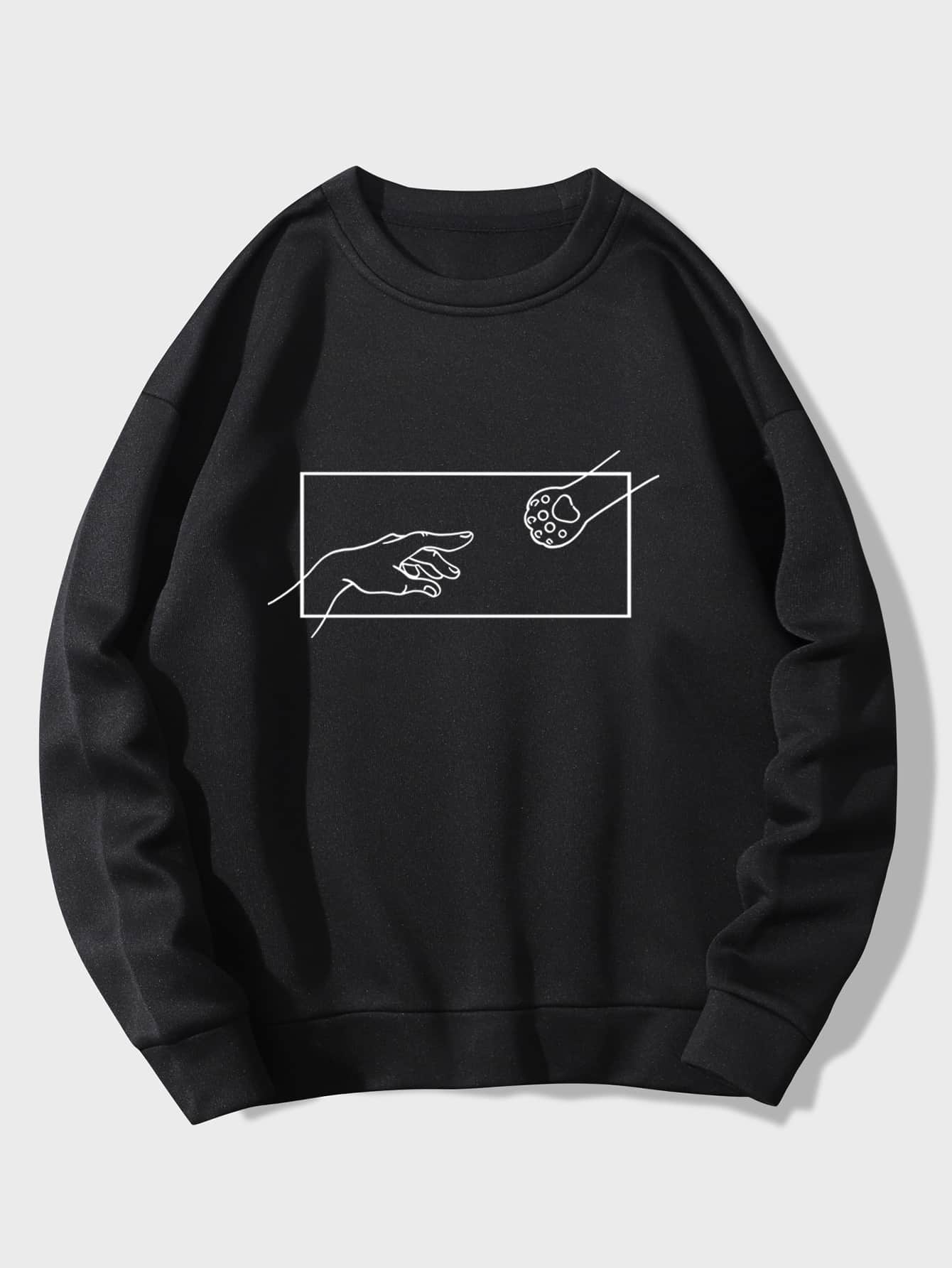 SHEIN EZwear Hand Print Thermal Lined Sweatshirt - Black - View 1