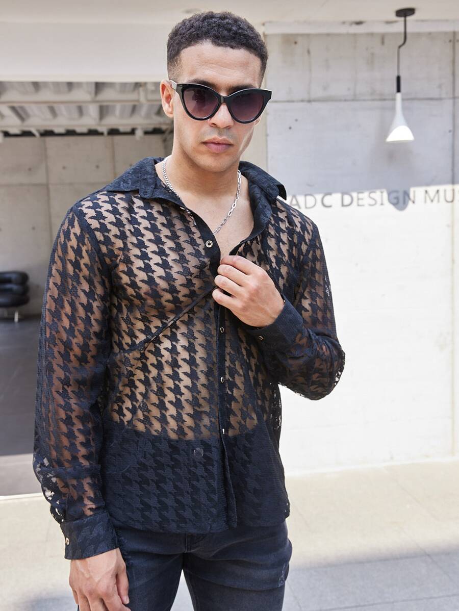 NITAGUT Men Houndstooth Mesh Shirt - Black - View 1