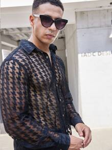NITAGUT Men Houndstooth Mesh Shirt - Black - View 3