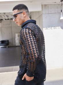 NITAGUT Men Houndstooth Mesh Shirt - Black - View 6