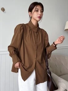 主教袖鈕扣衫 - 咖啡棕 - 查看 2
