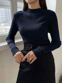 DAZY Solid Stand Collar Knit Jumper - Navy Blue - View 3