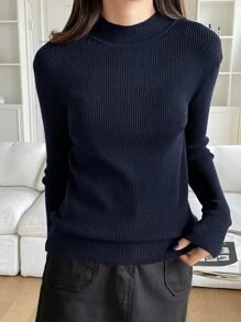 DAZY Solid Stand Collar Knit Jumper - Navy Blue - View 4