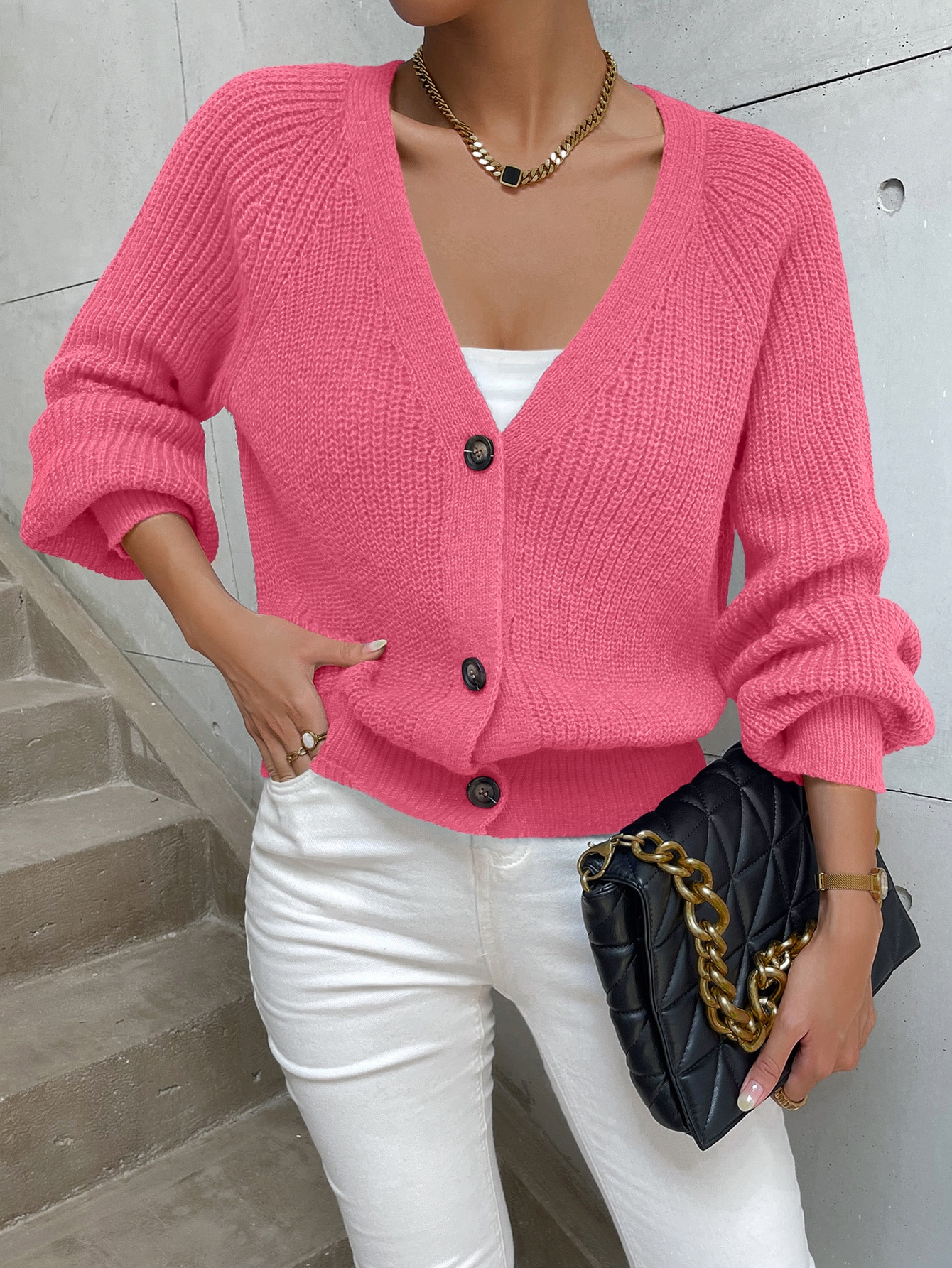 SHEIN EZwear Raglan Sleeve Ribbed Knit Cardigan SHEIN EUR