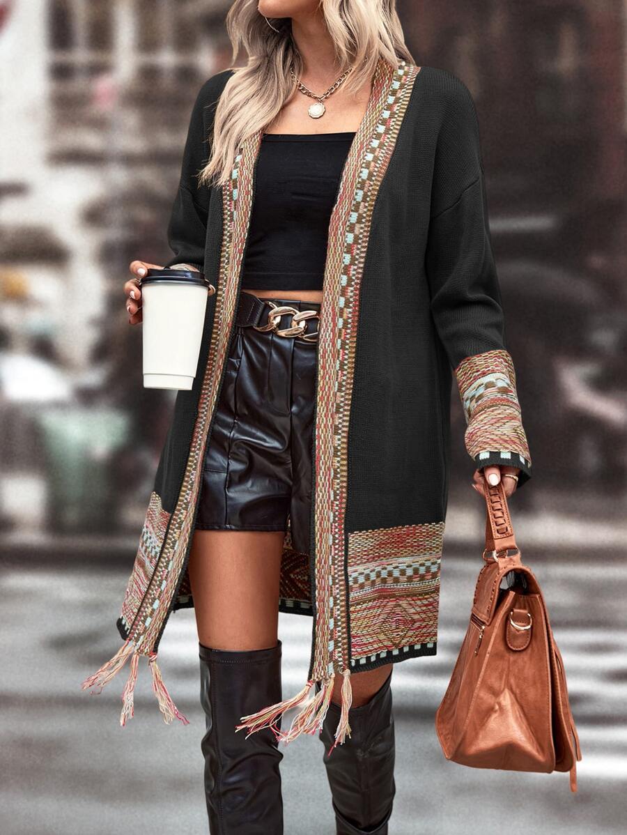 SHEIN LUNE Checkered & Geo Pattern Drop Shoulder Fringe Trim Duster Cardigan - Black - View 1