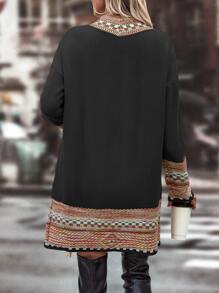 SHEIN LUNE Checkered & Geo Pattern Drop Shoulder Fringe Trim Duster Cardigan - Black - View 2