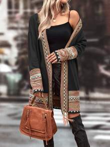 SHEIN LUNE Checkered & Geo Pattern Drop Shoulder Fringe Trim Duster Cardigan - Black - View 3