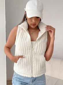 SHEIN EZwear 斜插口袋無袖絨布夾克 - 白色 - 查看 5