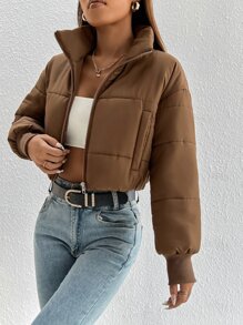 SHEIN PETITE 冬季拉链短款夹棉大衣 - 摩卡棕 - 查看 5