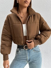 SHEIN PETITE 冬季拉链短款夹棉大衣 - 摩卡棕 - 查看 1