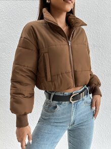 SHEIN PETITE 冬季拉链短款夹棉大衣 - 摩卡棕 - 查看 6