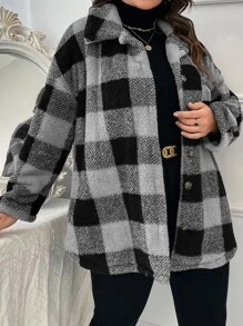 SHEIN LUNE 大碼大方格圖案落肩袖絨毛外套