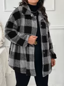 SHEIN LUNE 大碼大方格圖案落肩袖絨毛外套