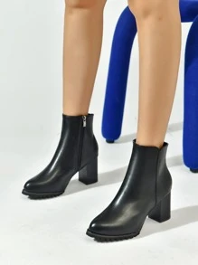 Zipper Side Point Toe Chunky Heeled Classic Boots - Black - View 3