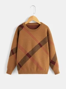 Boys Plaid Pattern Drop Shoulder Jumper - Brown - View 1