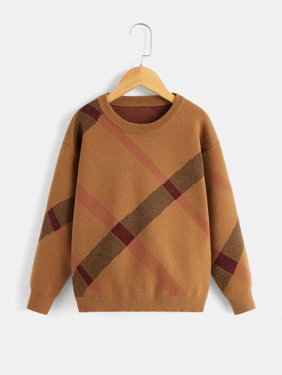 Boys Plaid Pattern Drop Shoulder Jumper - Brown - View 1