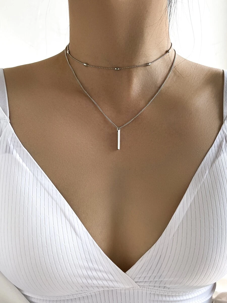 2pcs Rectangle Charm Necklace - Silver - View 1
