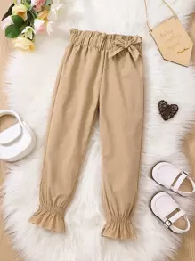 Toddler Girls Paperbag Waist Bow Front Ruffle Hem Trousers - Khaki - View 1