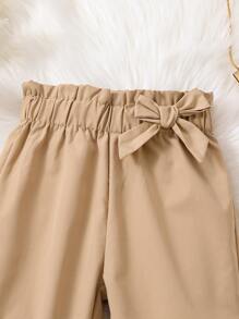 Toddler Girls Paperbag Waist Bow Front Ruffle Hem Trousers - Khaki - View 3
