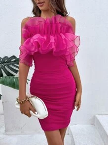 Allurite Robe moulante à volants exagérés à ruché - Rose vif - Voir 5