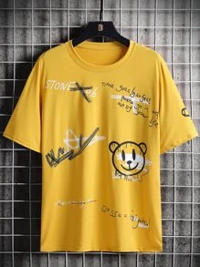 Manfinity EMRG 男士熊和字母圖案T恤 - 黃色 - 查看 1