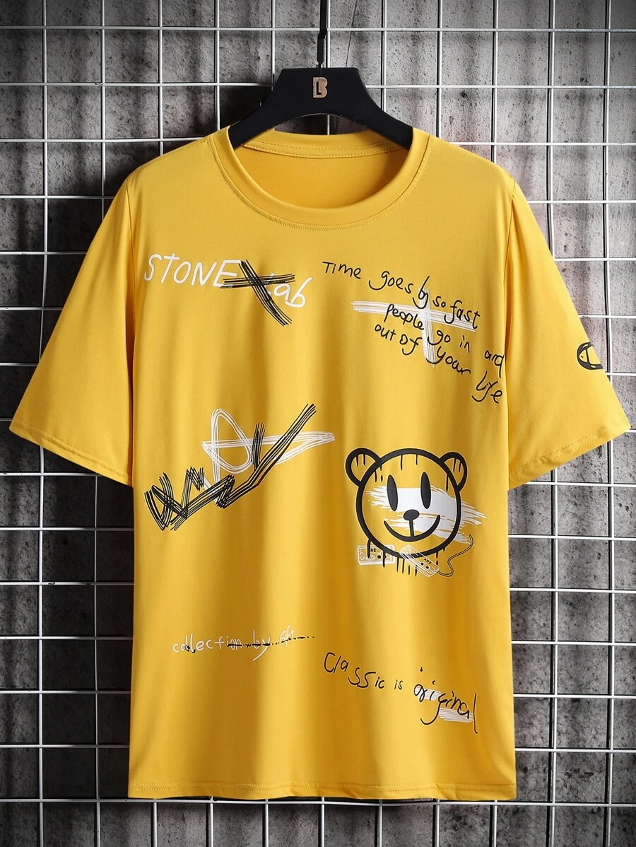 Manfinity EMRG 男士熊和字母圖案T恤 - 黃色 - 查看 1