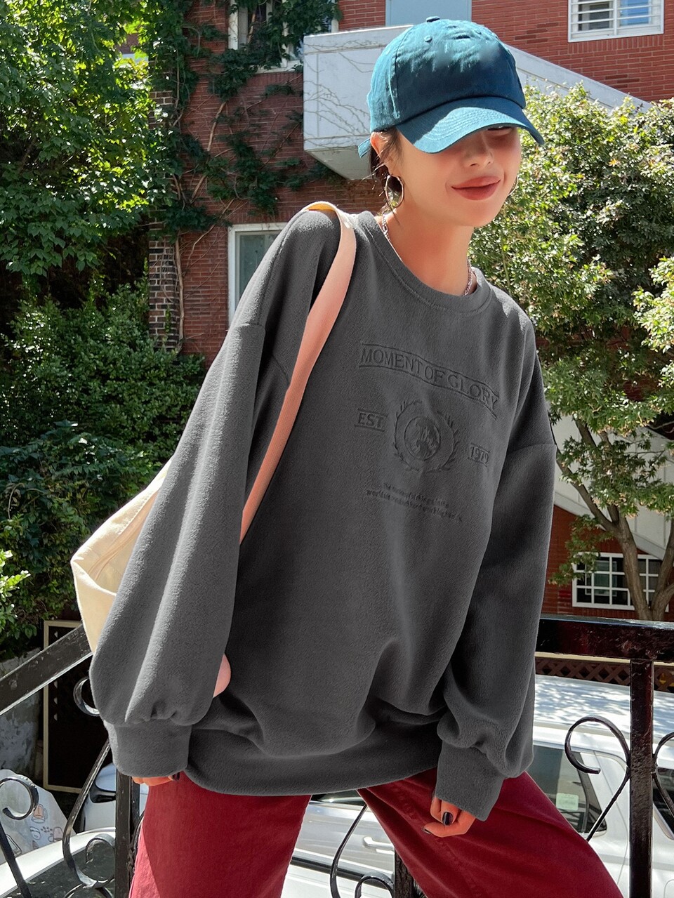 Slogan Embroidery Drop Shoulder Fleece Sweatshirt,Fall Clothes,Winter