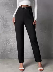 SHEIN Frenchy High Waist Chain Detail Trousers - Black - View 1