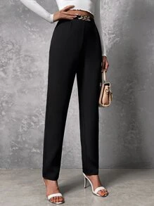 SHEIN Frenchy High Waist Chain Detail Trousers - Black - View 3