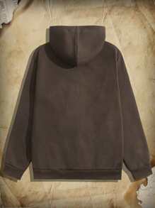 ROMWE MEN Academia Men Graphic Print Kangaroo Pocket Drawstring Thermal Hoodie - Coffee Brown - View 2